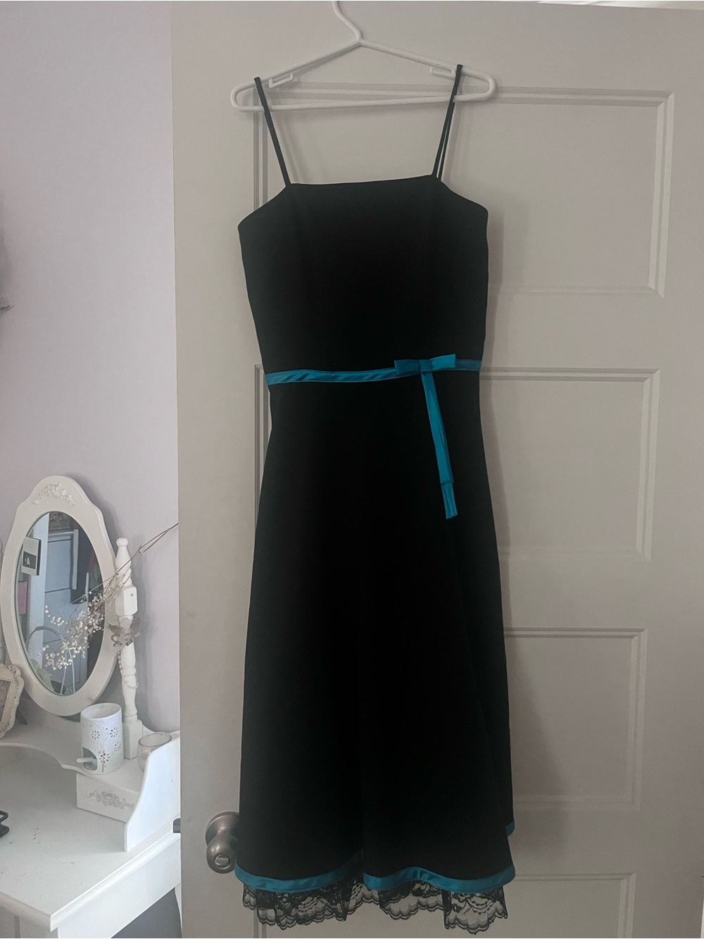 y2k Black Spaghetti-Strap Dress with Teal Trim and lace ruffle